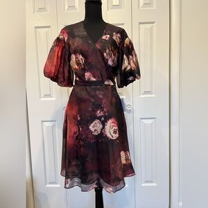 Marchesa Notte burgundy soft organza wrap dress new with tag